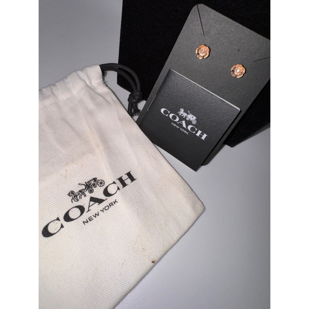 Coach Tea Rose Stud Earrings Rose Gold Tone Crystal Floral Jewelry with Pouch - Picture 4 of 5